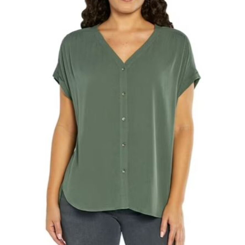 Orvis Women's Short Sleeve Button Front soft Rayon Blouse, Green, L (1351)